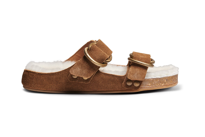 Buzzard Shearling sandals in chestnut - product side shot