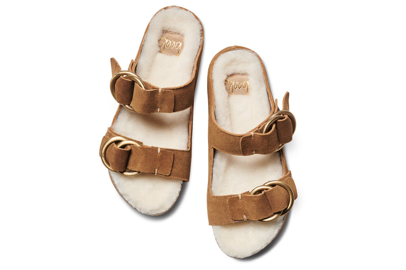 Buzzard Shearling sandals in chestnut - product top shot