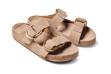 Buzzard suede slide sandal with two ring adjustable strap in stone - angle shot