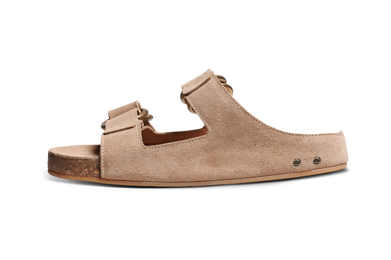 Buzzard suede slide sandal with two ring adjustable strap in stone - side shot