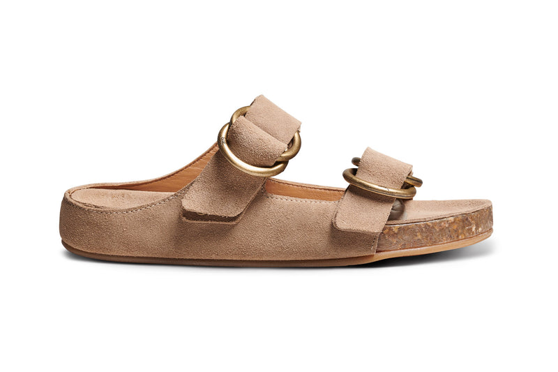 Buzzard suede slide sandal with two ring adjustable strap in stone - side shot