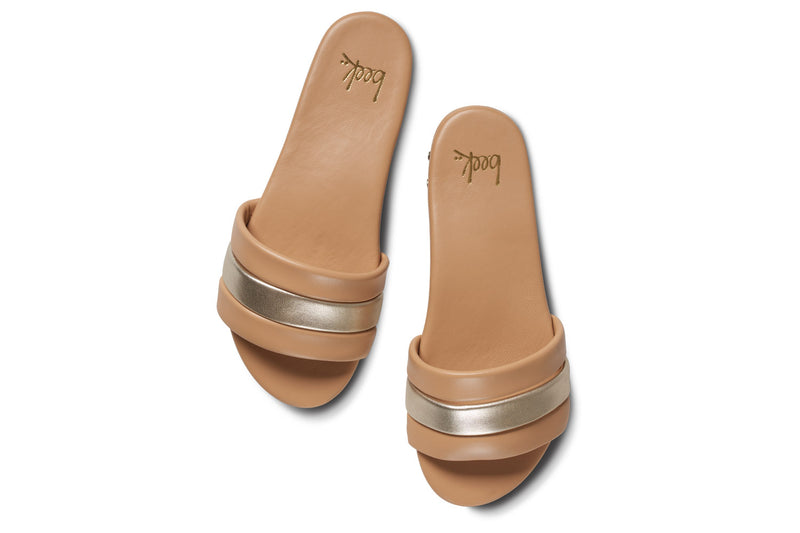 Calibird leather slide sandals in platinum/beach - top shot