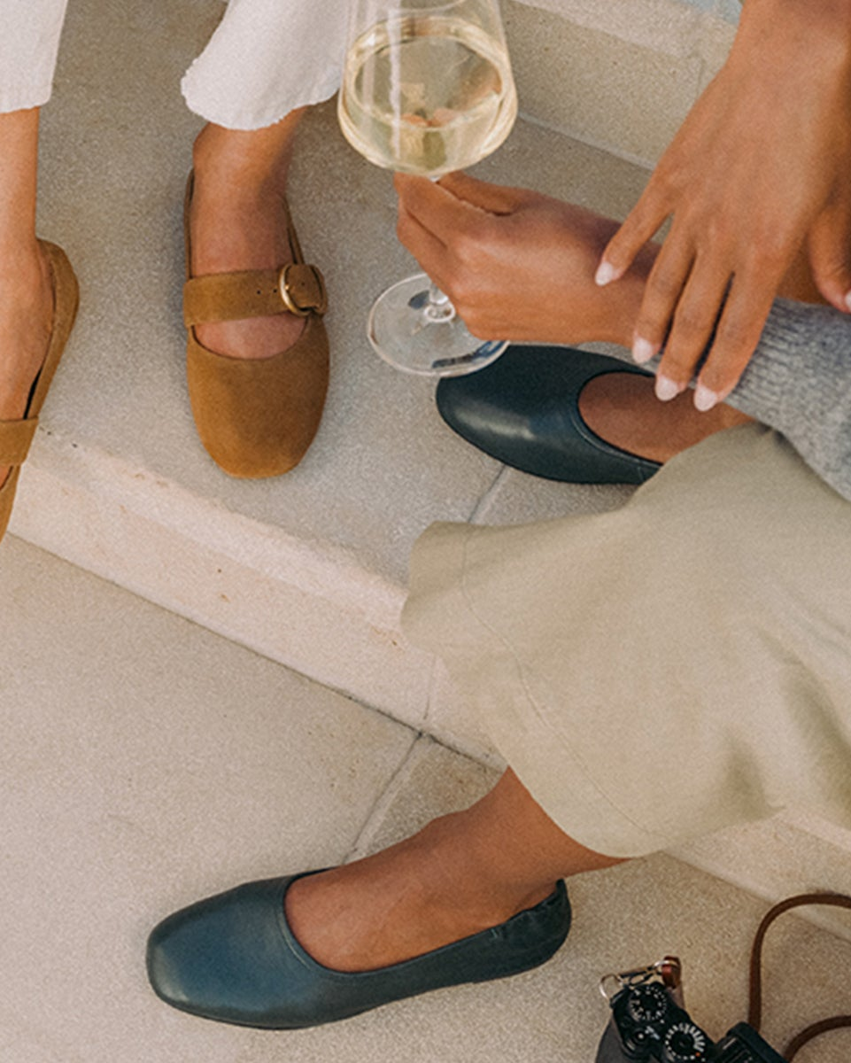 Women wearing Cardinal suede ballet in toffee and Swan leather ballet flat in teal