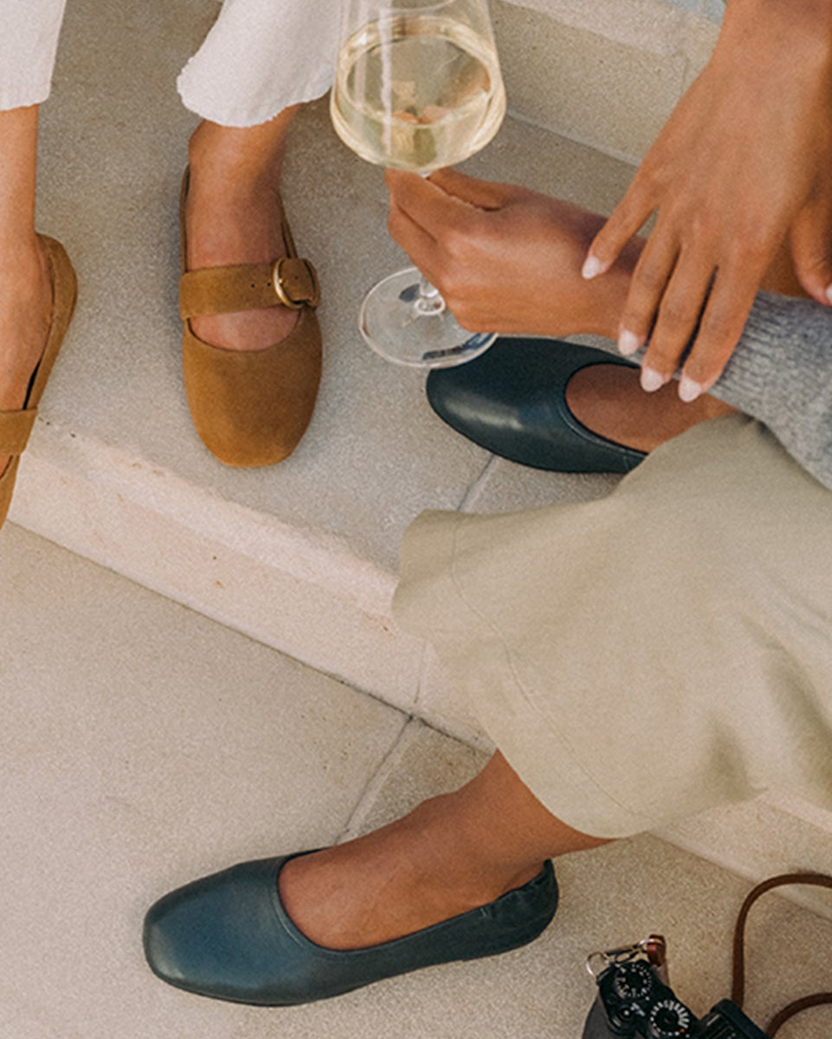 Women wearing Cardinal suede ballet in toffee and Swan leather ballet flat in teal
