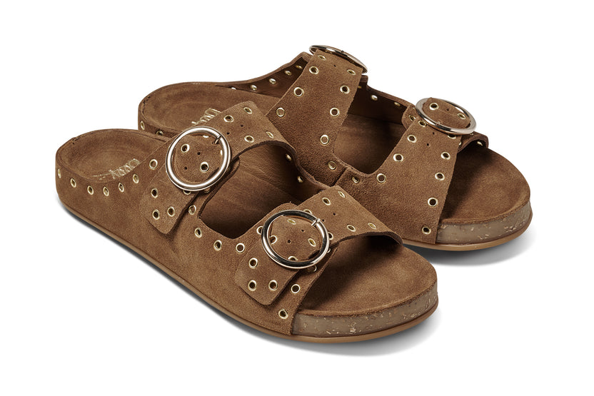 Cedar suede slide sandal in chestnut - product angle shot