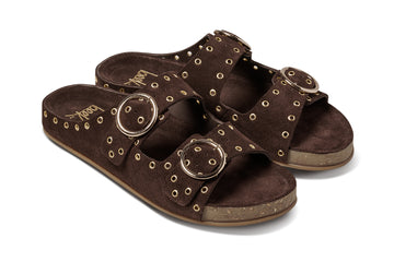 Cedar suede slide sandals in coffee - product angle shot