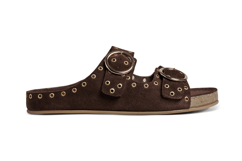 Cedar suede slide sandals in coffee - product outside shot