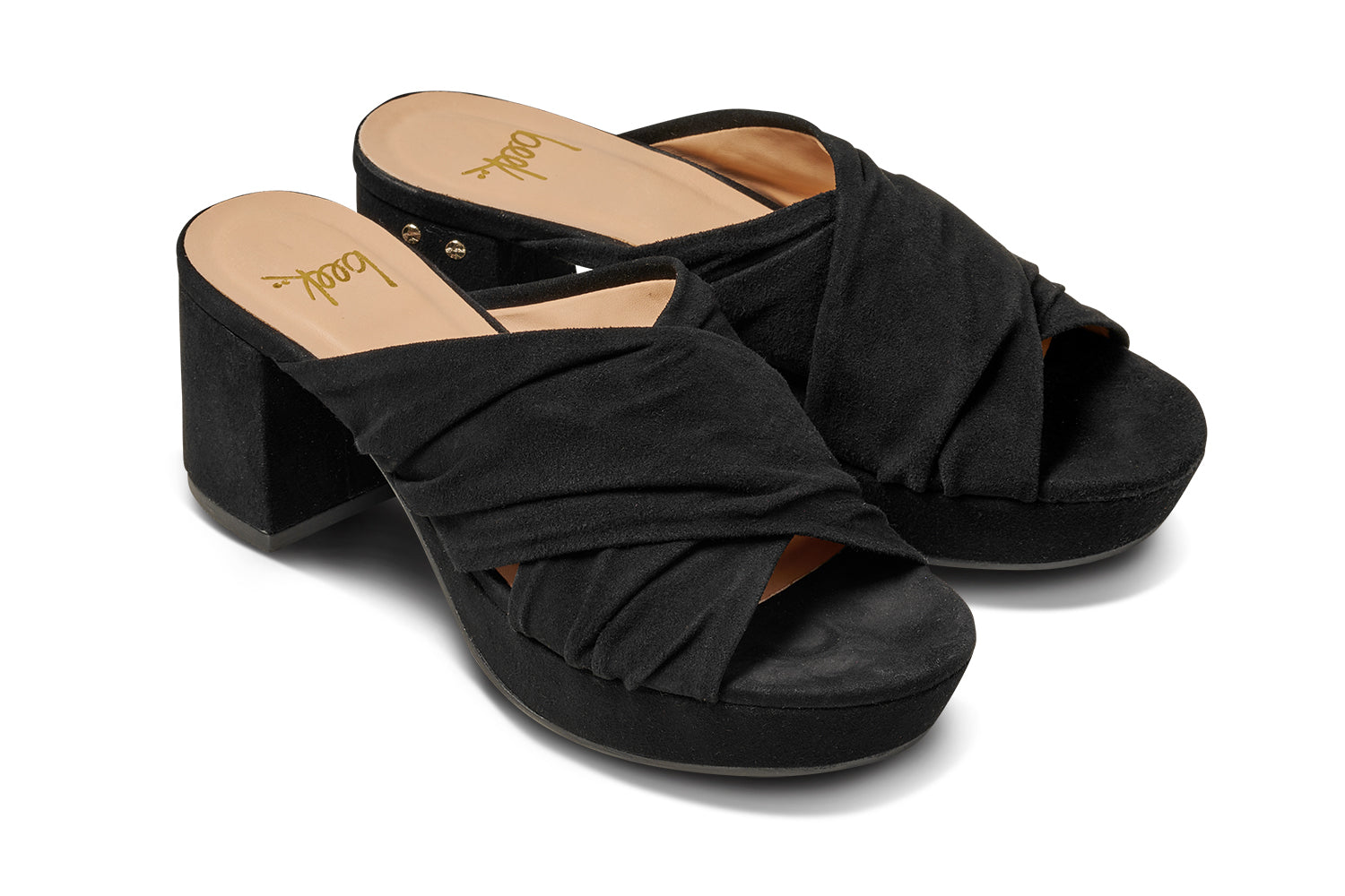 Chachabird suede heels in black - product angle shot