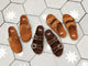 Group shot of Comet suede mule in chestnut with Cedar suede sandals in coffee and chestnut.
