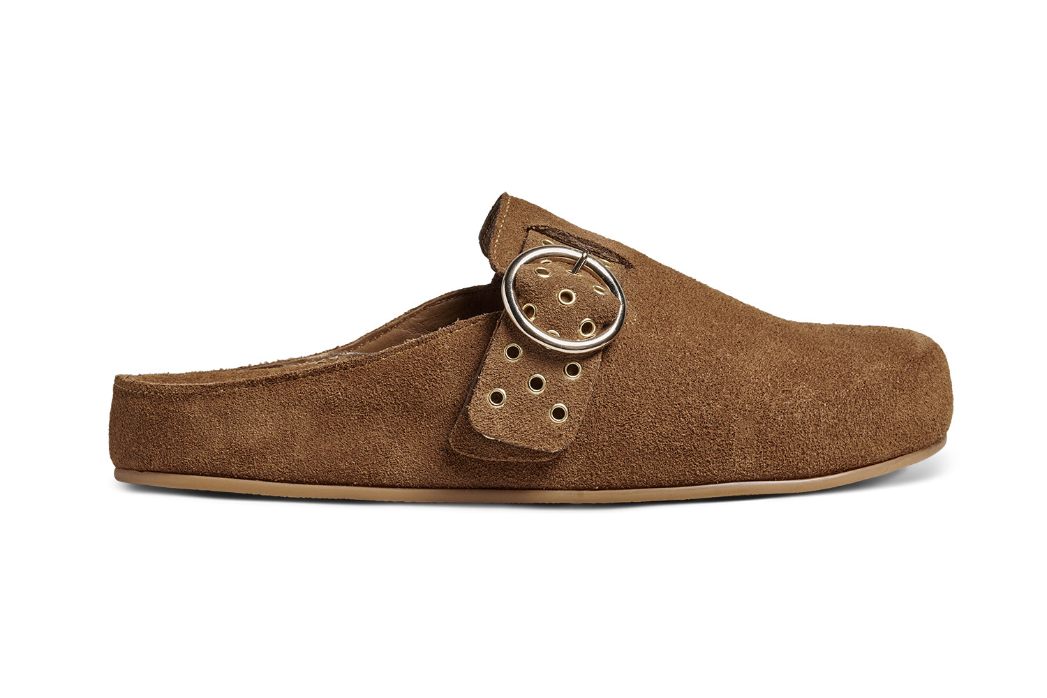 Comet suede mule in chestnut - product side shot
