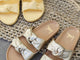 Coquette leather slide sandal in glow and gold/beach with a woven bag