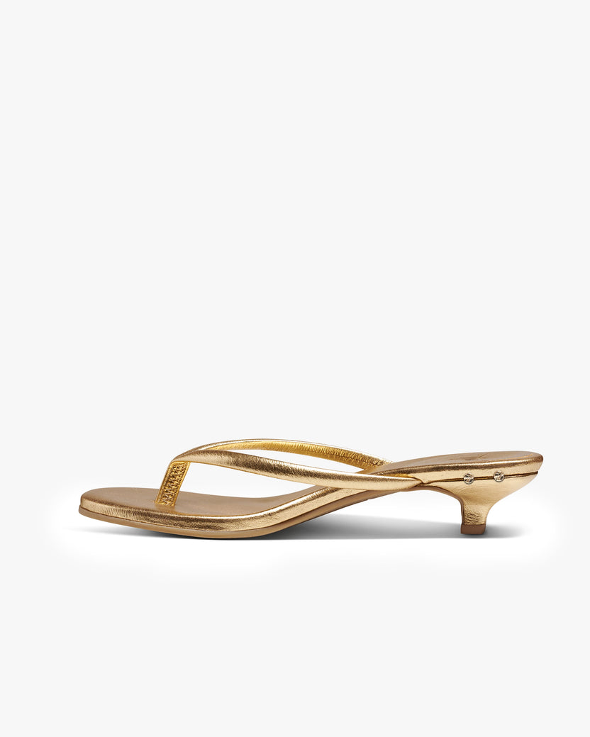 Corella leather kitten heel sandal in gold - product side shot
