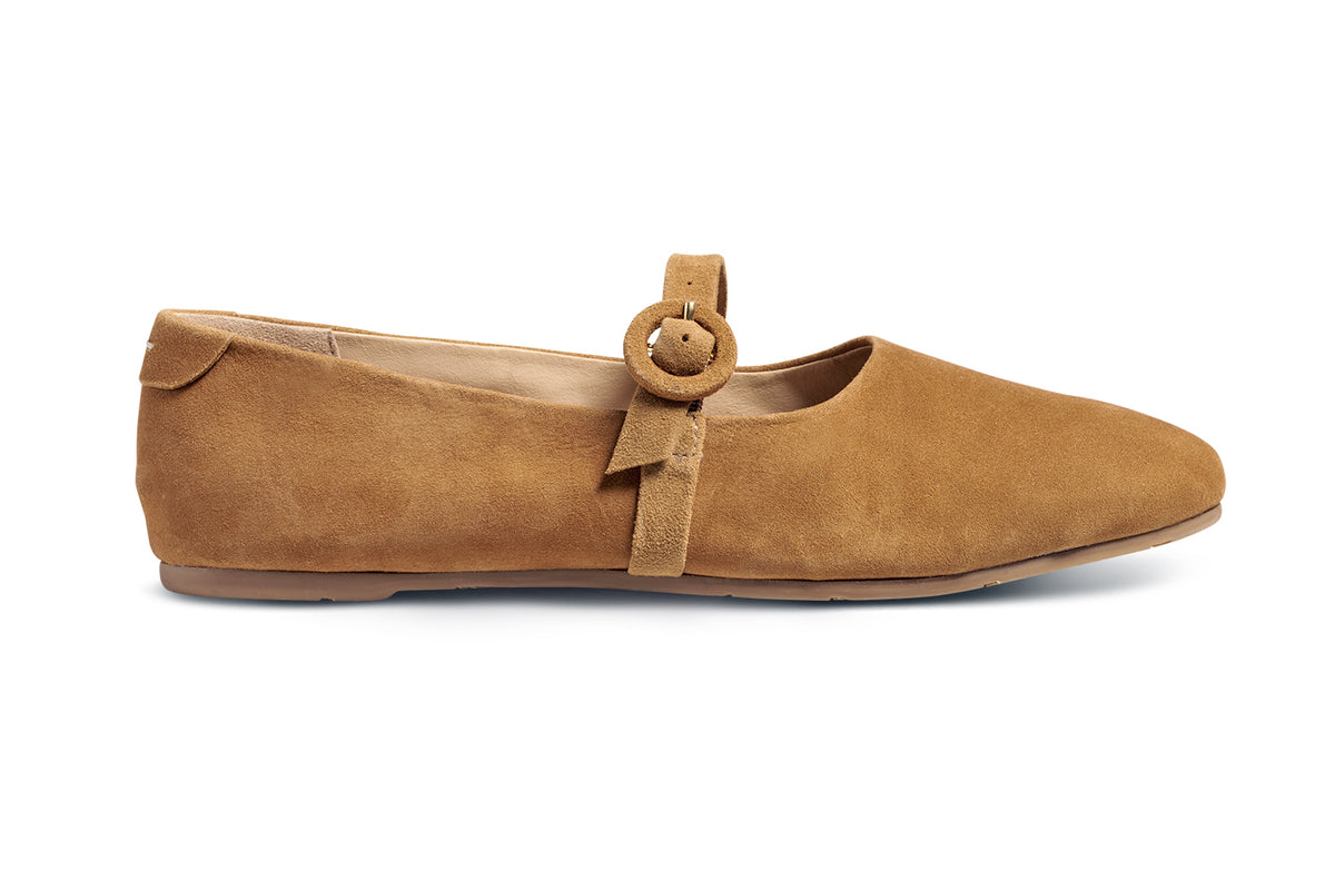 Crane suede mary jane shoe in caramel - product side shot