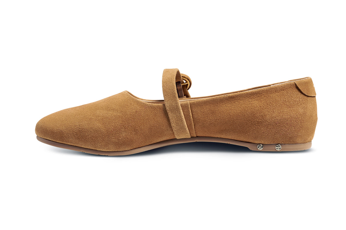 Crane suede mary jane shoe in caramel - product side shot