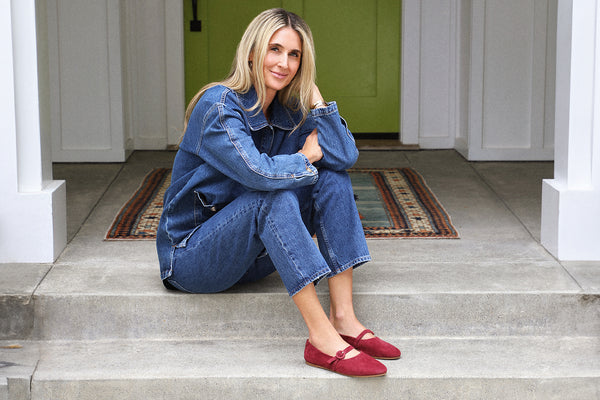 Abbie Crane @houseofabbie wearing Crane suede mary jane shoes in port  with jeans and denim top