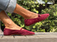 Woman wearing Crane suede mary jane shoe in port with jeans