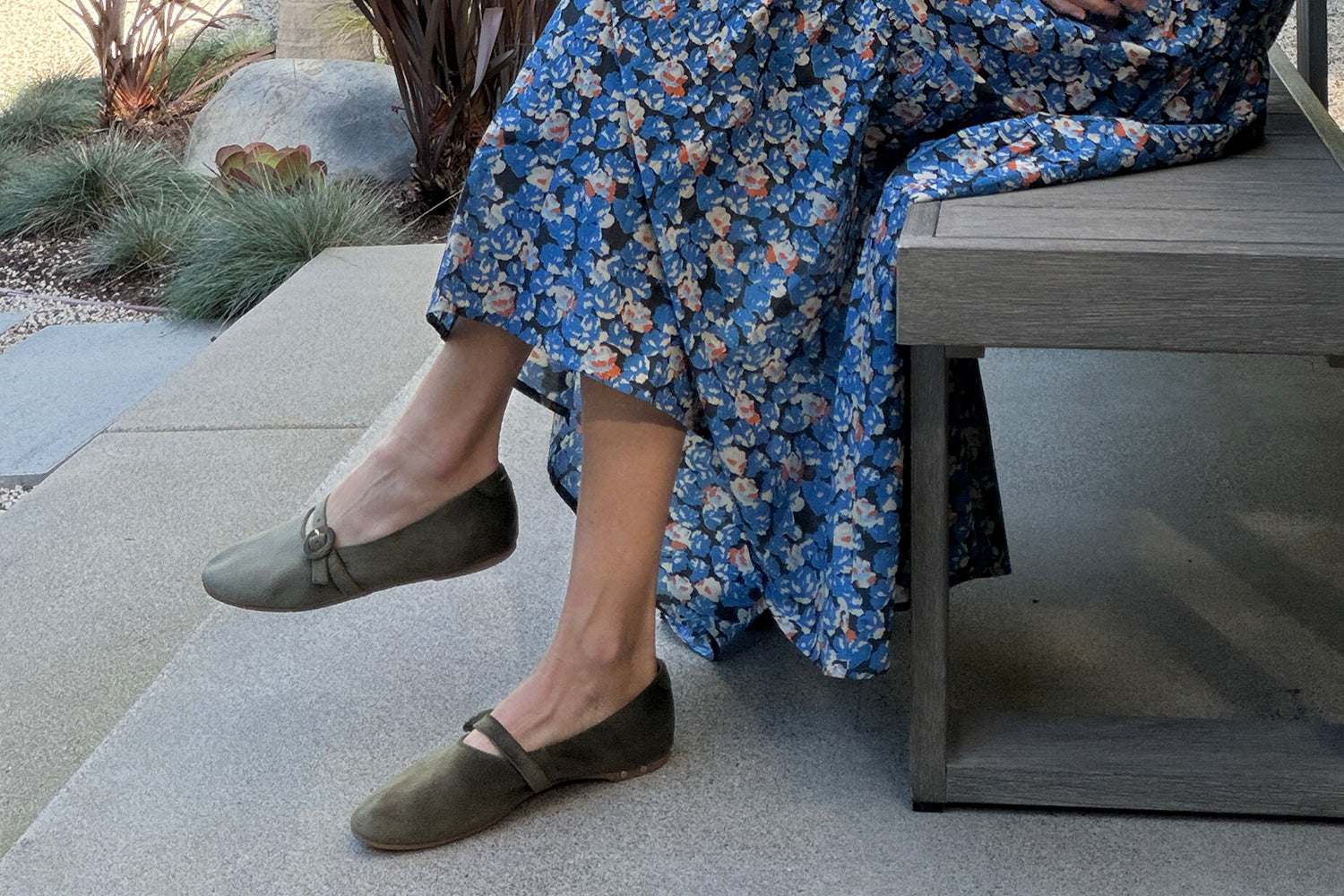 Abbie Crane wearing Crane velvet mary jane shoe in sage with floral dress