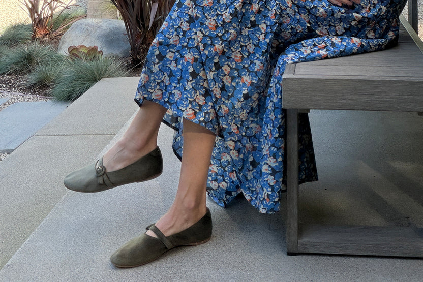 Abbie Crane wearing Crane velvet mary jane shoe in sage with floral dress