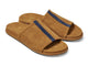 Crest suede slide sandals in caramel with navy stripe - product angle shot