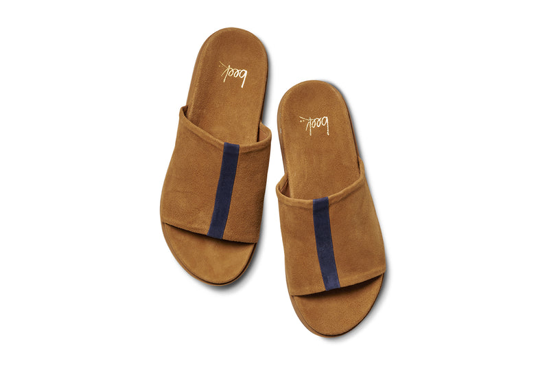 Crest suede slide sandals in caramel with navy stripe - product top shot