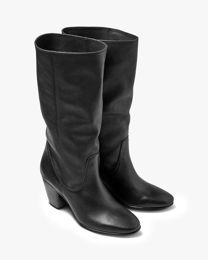 Crow knee-high leather boots in black - product angle shot