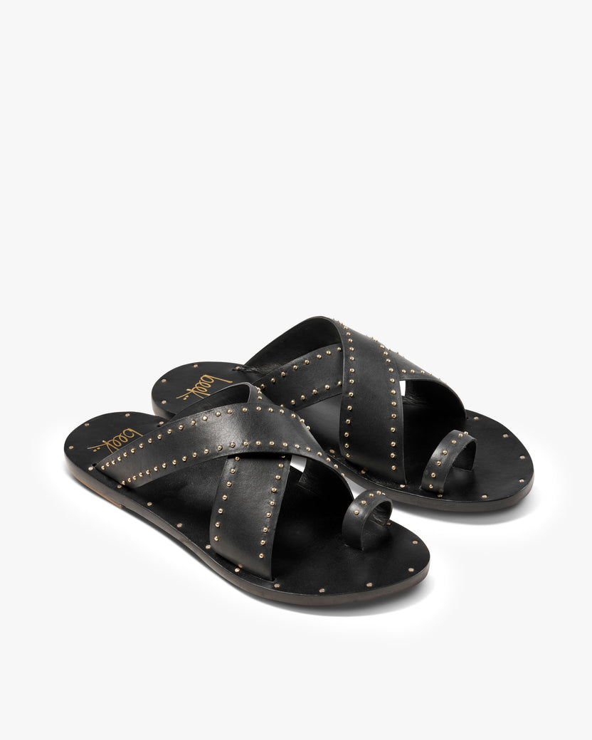 Curlew leather studded toe-ring sandal in black - product angle shot