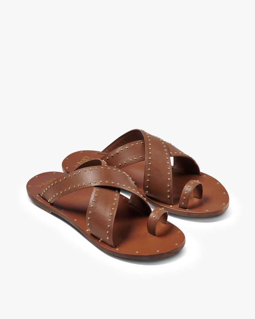 Curlew leather studded toe-ring sandal in tan - product angle shot