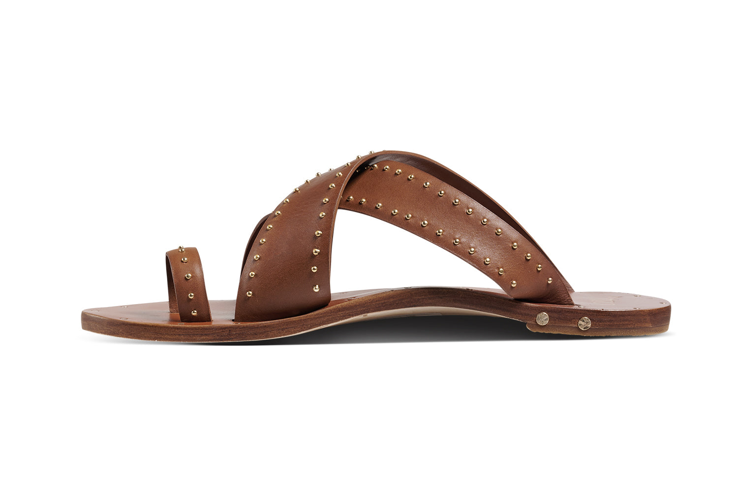 Curlew leather studded toe-ring sandal in tan - product side shot