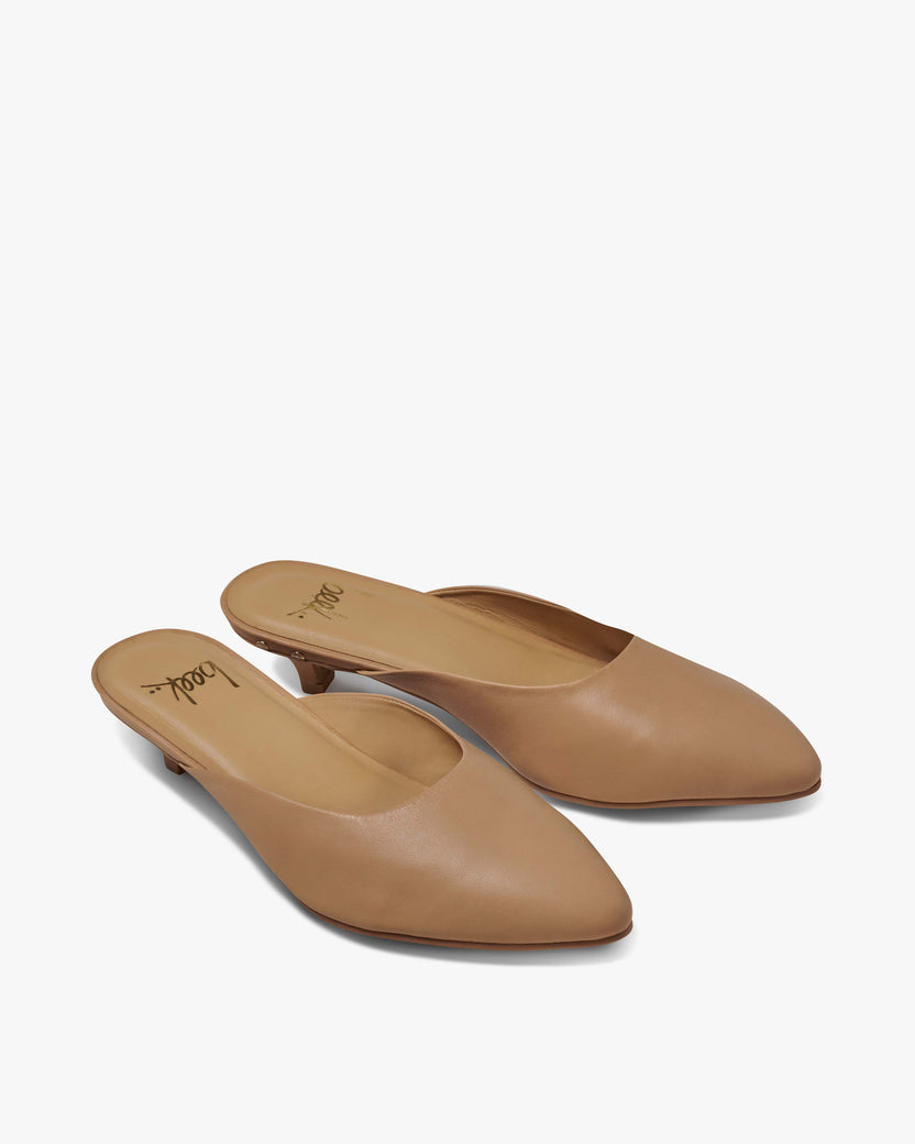 Dipper leather kitten heel mules in beach - product angle shot
