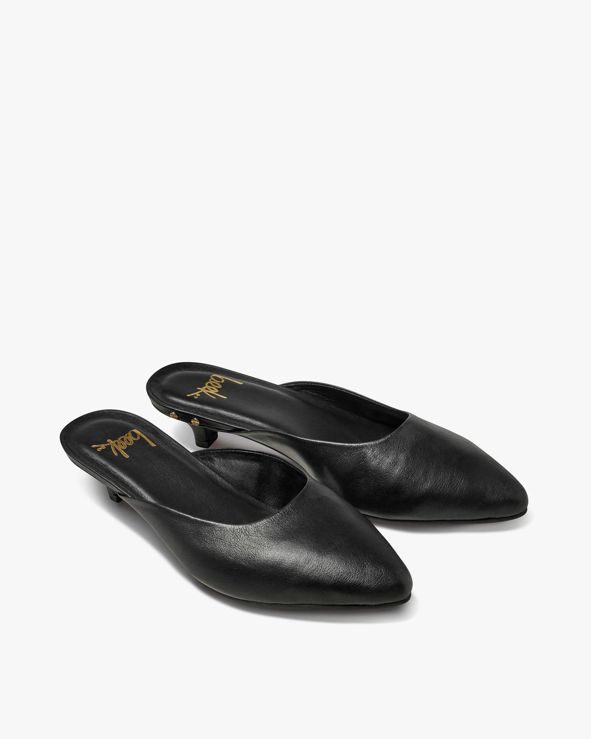 Dipper leather kitten heel mule in black - product angle shot