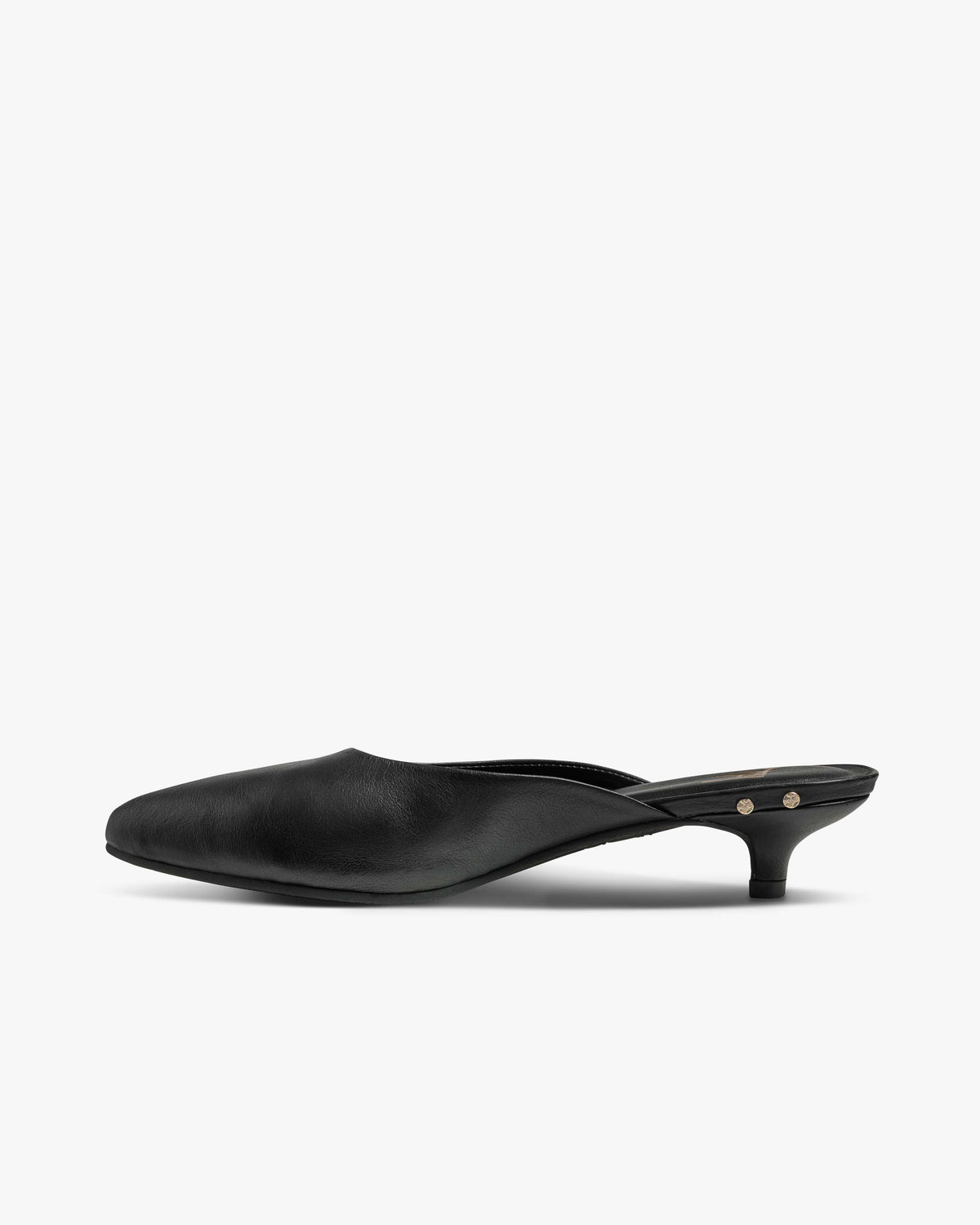 Dipper leather kitten heel mule in black - product side shot