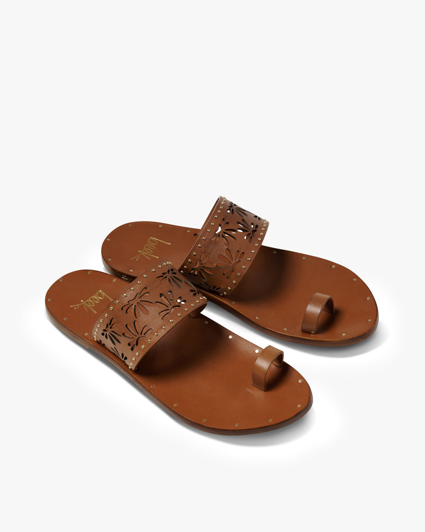 Dove leather toe ring sandal in tan - product angle shot