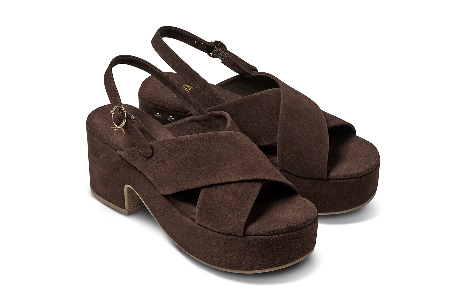 Dunlin suede crossover strap platform heeled sandals in coffee - product angle shot