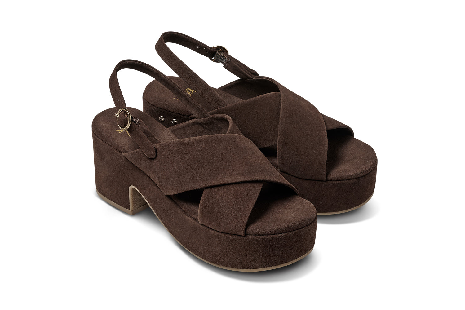Dunlin suede crossover strap platform heeled sandals in coffee - product angle shot
