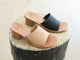 Group shot of Emerald block heeled leather sandals in honey and black.