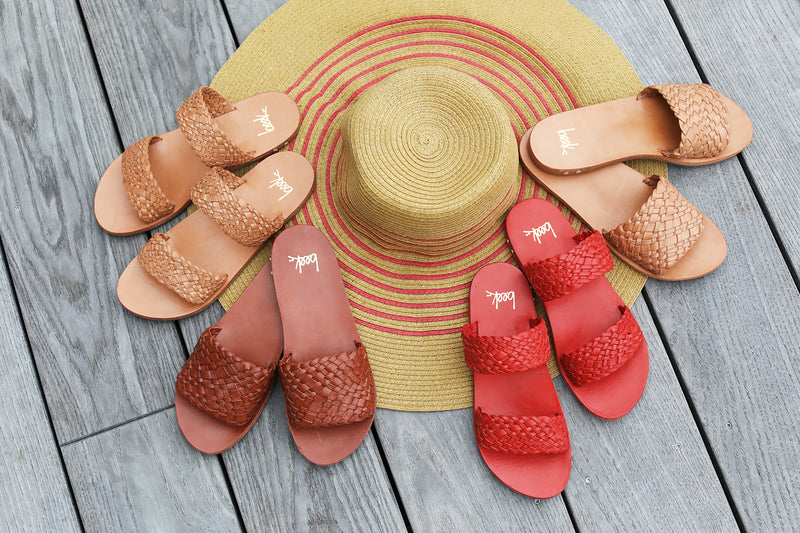 Flicker woven leather sandals in honey and red and Fairy woven leather sandals in cognac and honey.