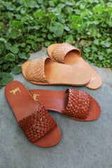 Group shot of Fairy woven leather sandals in tan and honey