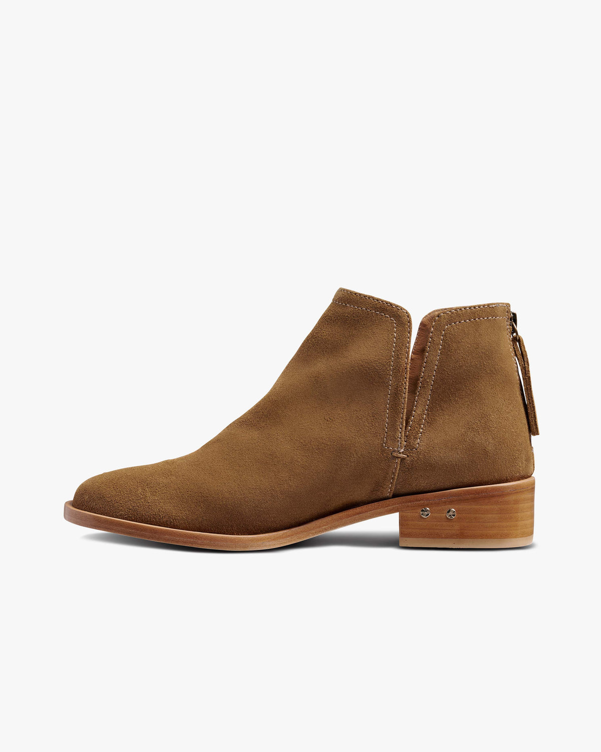 Falcon suede ankle booties in chestnut - product side shot