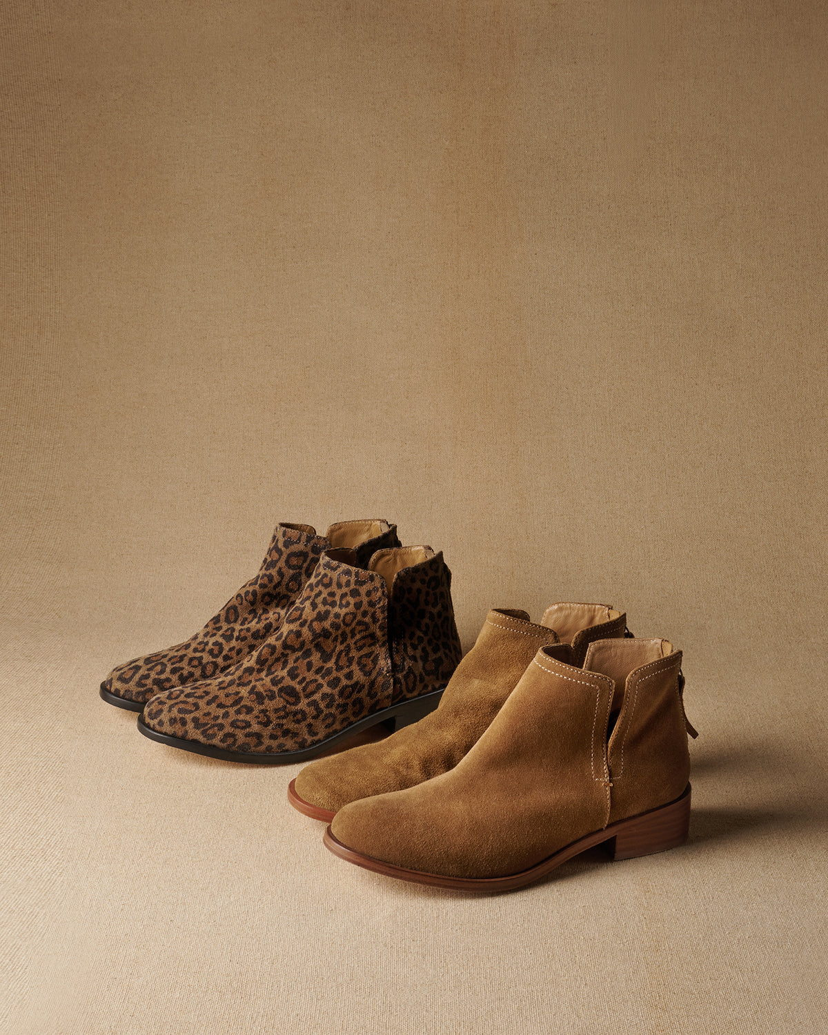 Group shot of Falcon suede booties in leopard and chestnut