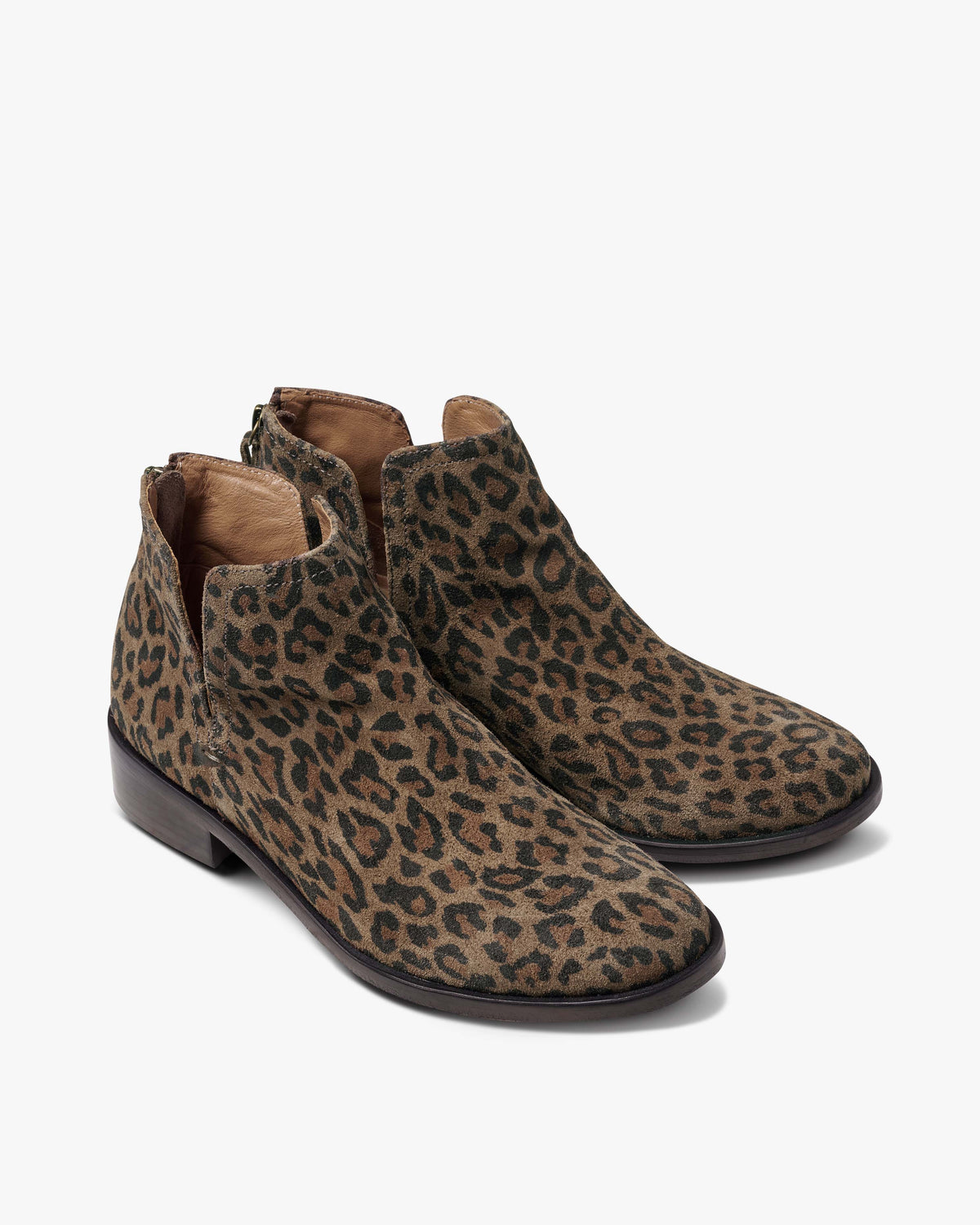 Falcon suede booties in leopard - product angle shot