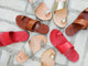 Group shot of Finch leather toe-ring sandals in tan, platinum/honey, and snake/beach