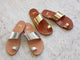 Group shot of Finch leather toe-ring sandal in high shine silver and high shine gold
