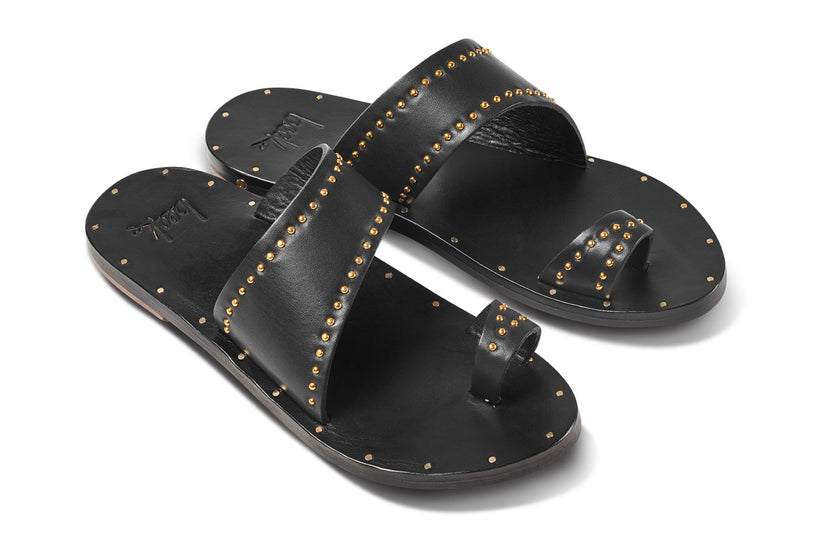 Finch Stud leather studded toe-ring sandal in black - product angle shot