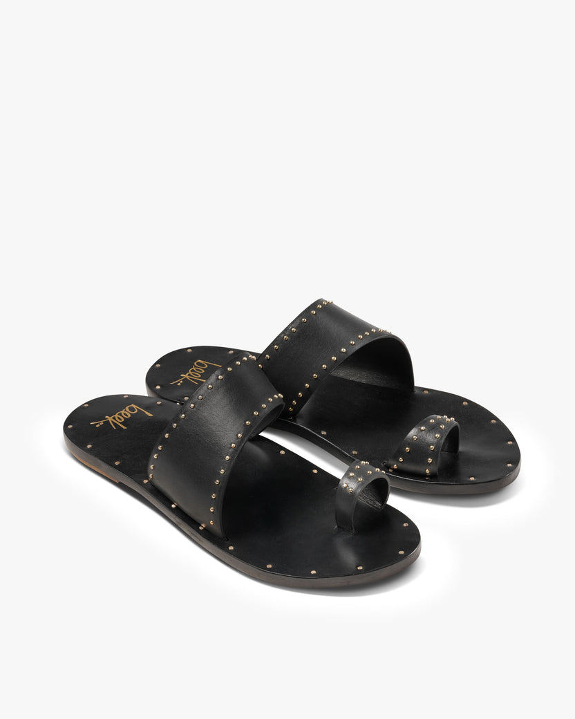 Finch Stud leather studded toe-ring sandal in black - product angle shot