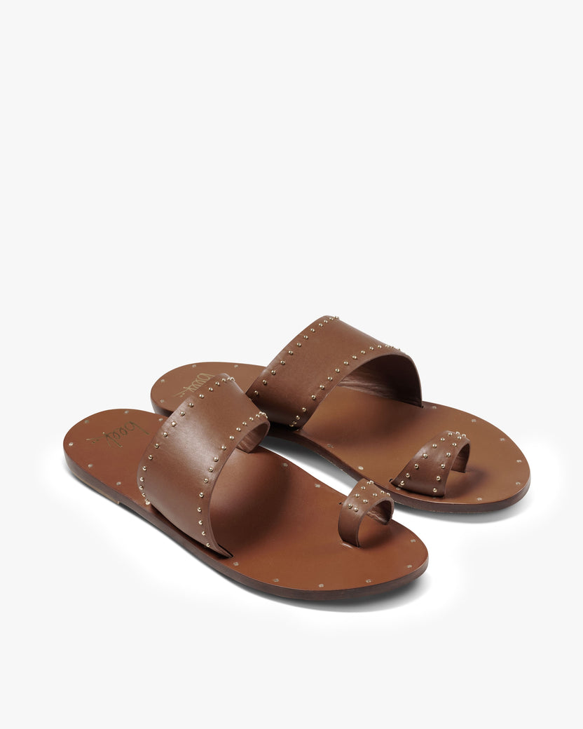 Finch Stud leather studded toe-ring sandal in tan - product angle shot