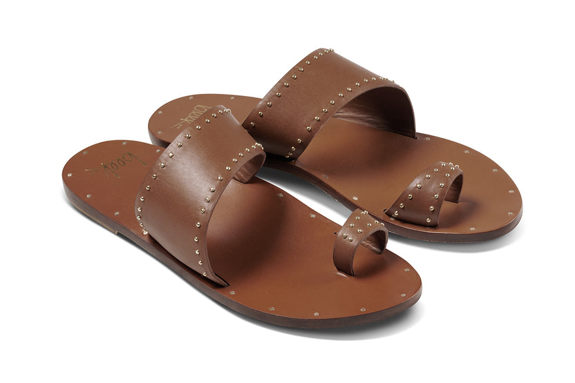 Finch Stud leather studded toe-ring sandal in tan - product angle shot