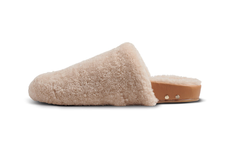Flufftail shearling mule in natural/honey - side shot