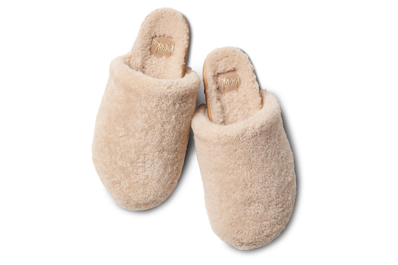 Flufftail shearling mule in natural/honey - top shot