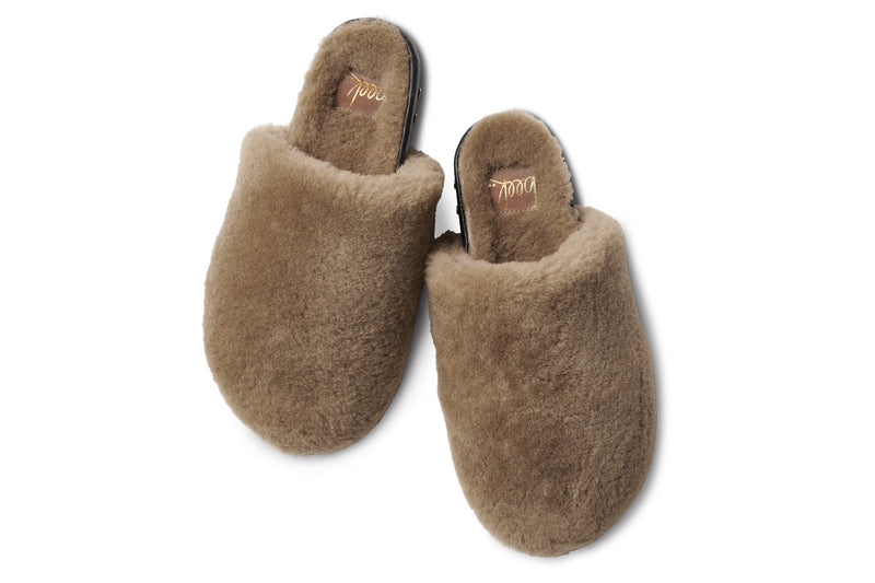 Flufftail shearling mules in bronze/black - top shot