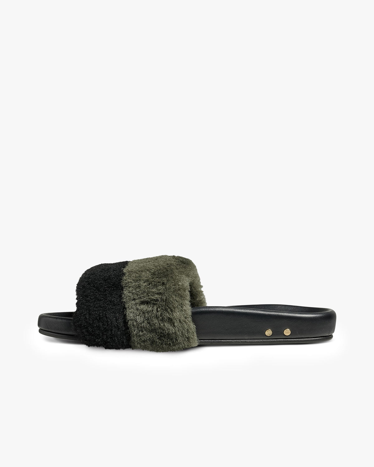 Gallito Más Shearling slide sandals in army/black - product side shot